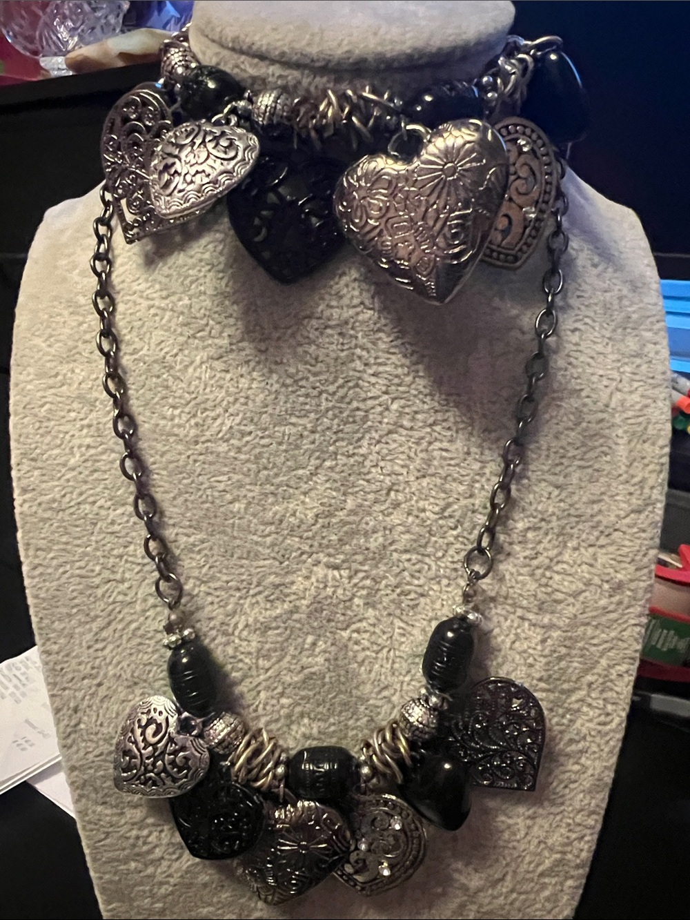 Silver and Black Heart Charm Necklace and matching bracelet for Women